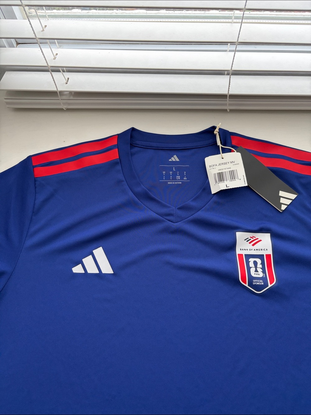 Adidas Men’s Fifa/Bank of America Blue Performance Soccer Jersey with Red Trim